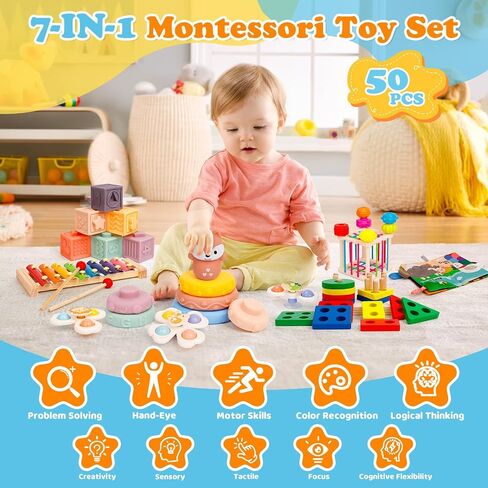 Montessori Baby Toys for Toddlers 1-3 | 7-in-1 Educational Activity Toy Set with Soft Cloth Book, Stacking Blocks & Learning Toys, Birthday Gifts for Boys Girls in Kuwait