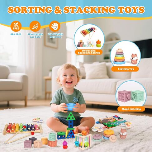 Montessori Baby Toys for Toddlers 1-3 | 7-in-1 Educational Activity Toy Set with Soft Cloth Book, Stacking Blocks & Learning Toys, Birthday Gifts for Boys Girls in Kuwait