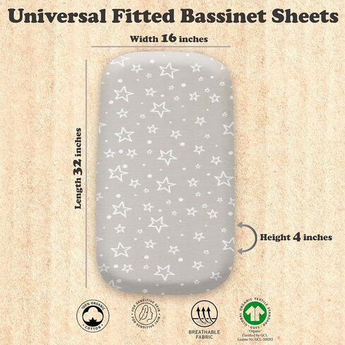 Bassinet Sheets Boys Girls– 1-Pack Soft Fitted Bassinet Sheets, Organic Cotton, Breathable & Cozy, Fits 32x16x4 Inch Rectangle, Oval & Hourglass Mattresses, Stars in Kuwait