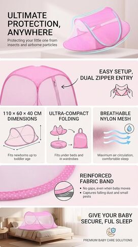 Baby Bed Net, Portable Foldable Polyester Baby Crib Net Tent Newborn Sleep Bed Travel Bed (Pink) in Kuwait