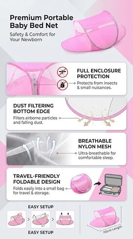 Baby Bed Net, Portable Foldable Polyester Baby Crib Net Tent Newborn Sleep Bed Travel Bed (Pink) in Kuwait