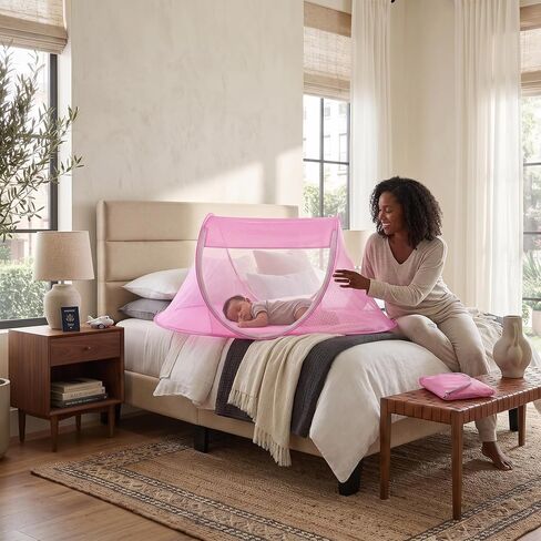 Baby Bed Net, Portable Foldable Polyester Baby Crib Net Tent Newborn Sleep Bed Travel Bed (Pink) in Kuwait