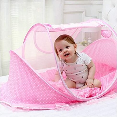 Baby Bed Net, Portable Foldable Polyester Baby Crib Net Tent Newborn Sleep Bed Travel Bed (Pink) in Kuwait