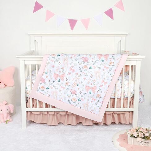 GFU Crib Bedding Set for Girls 4-Piece, Bow Baby Girl Crib Bedding Set Pink Flowes, Nursery Sets Includes Comforter, Fitted Crib Sheet, Crib Skirt, and Diaper Stacker in Kuwait