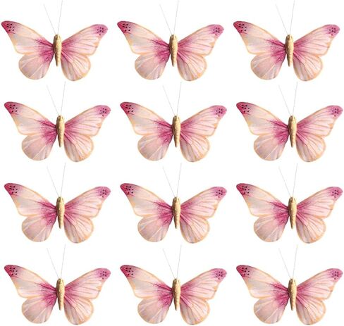 12PCS Pink Real Feather Butterfly Decorations with Clips, Sticks & Adhesive Dots, Handmade 3.9x2.4inch Cake Topper, Wall Decor, Hair Clip, Bouquet, Gift for Wedding Birthday Party in Saudi Arabia