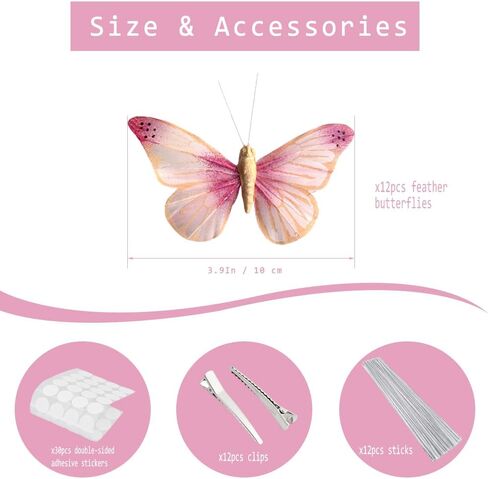 12PCS Pink Real Feather Butterfly Decorations with Clips, Sticks & Adhesive Dots, Handmade 3.9x2.4inch Cake Topper, Wall Decor, Hair Clip, Bouquet, Gift for Wedding Birthday Party in Saudi Arabia