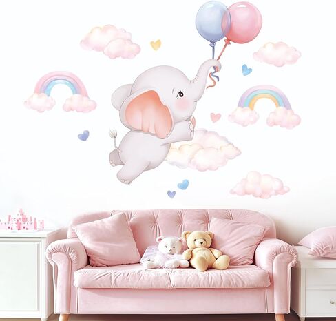Cute Pink Elephant Wall Sticker Cartoon Cloud Rainbow Heart Animal Wall Decal Girls Bedroom Nursery Baby Wall Decor in Kuwait