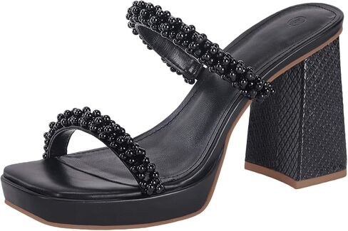 Coutgo Women's Platform Chunky High Heels Slip On Pearl Sandals Two Strap Square Toe Slides Dress Wedding Shoes, Black, Size 9 in Kuwait