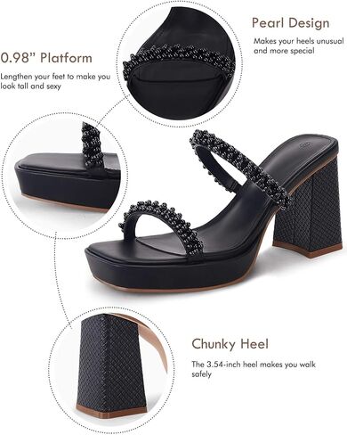 Coutgo Women's Platform Chunky High Heels Slip On Pearl Sandals Two Strap Square Toe Slides Dress Wedding Shoes, Black, Size 9 in Kuwait