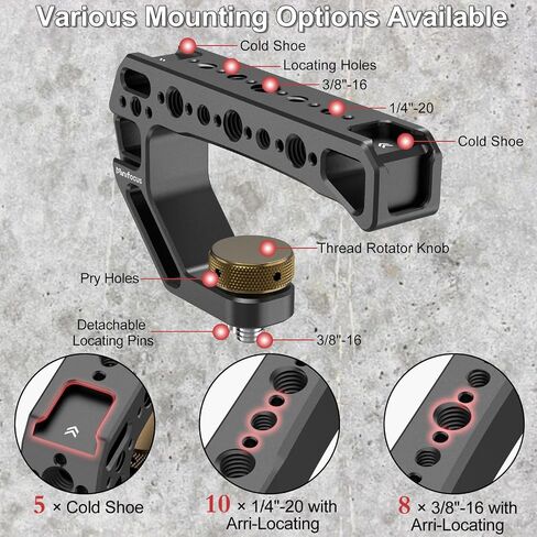 Camera Top Handle with 3/8"-16 Locating Pins for ARRI Grip for Camera Cage, Universal Top Handgrip with 5 Cold Shoe Adapters, Ergonomic Design, 1/4" and 3/8" Threads with Microphone/LED Light/Monitor in Saudi Arabia