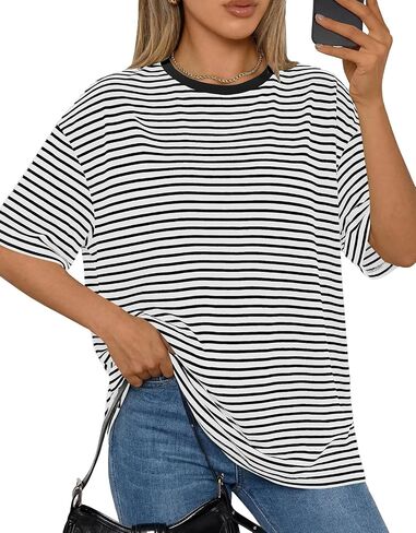 PRETTYGARDEN Women Short Sleeve Crewneck Ribbed Knit Oversized Tshirts 2026 Striped Summer Tops Basic Tee Casual Outfits in Saudi Arabia
