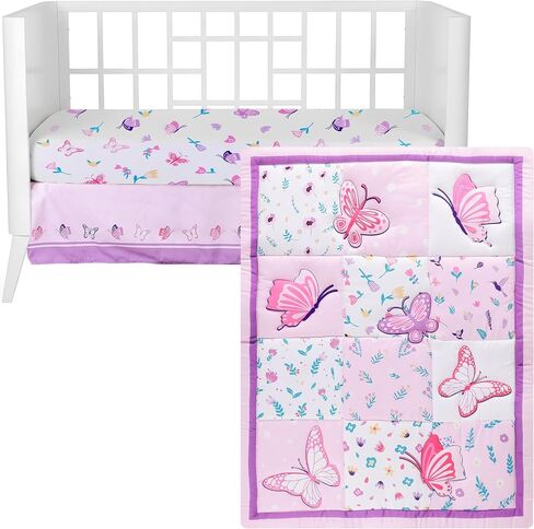 Baby Crib 3-Piece Bedding Set, Light Purple, Butterfly Design (Purple) in Kuwait