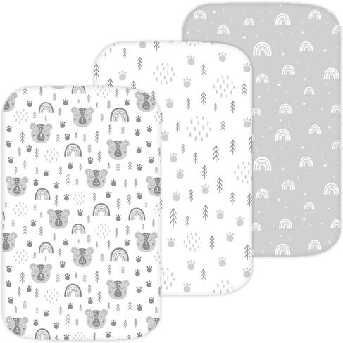 Bassinet Sheets for Papablic, CoZee, Cowiewie, Ezebaby, Nawahev Baby Bassinet Bedside Sleeper by TansyPanda, 3 Pack, 35x20, Ultra Soft, Breathable, Snug Fit, Boys Girls, Gray (Woodland Rainbow) in Kuwait