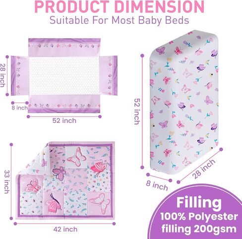 Baby Crib 3-Piece Bedding Set, Light Purple, Butterfly Design (Purple) in Kuwait