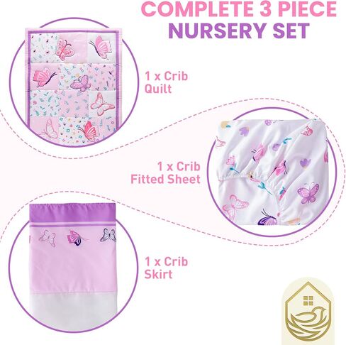 Baby Crib 3-Piece Bedding Set, Light Purple, Butterfly Design (Purple) in Kuwait