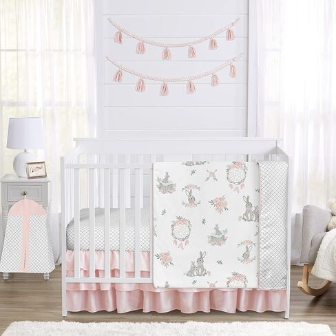 Sweet Jojo Designs 4-Piece Baby Crib Bedding Set (Woodland Deer Floral) for Girls, Infants/Nursery incl. Blanket, Fitted Sheet, Skirt, Diaper Stacker (Boho, Bohemian, Watercolor, Pink, Mint Green) in Kuwait