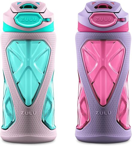 ZULU Torque 16oz Plastic Kids Water Bottle with Silicone Sleeve and Leak-Proof Locking Flip Lid, Soft Touch Carry Loop for School Backpack, Lunchbox, BPA-Free Dishwasher Safe, Pink | Leakproof kids water bottle with silicone sleeve and locking lid. BPA-fr in Kuwait