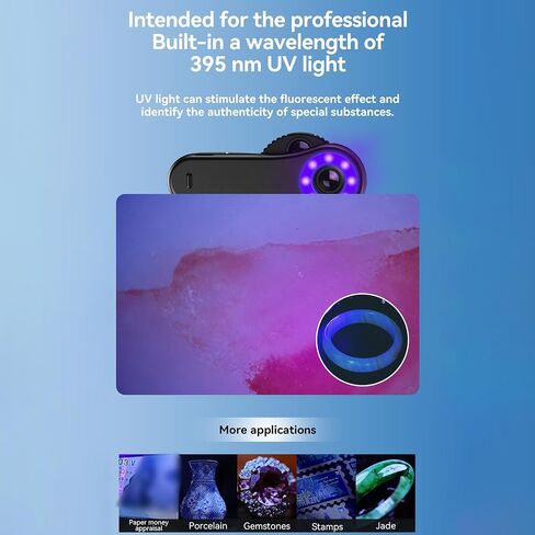 Phone Microscope Lens, 40X-120X Zoom with CRI 92+ LED Light & Universal Clip, 365nm Lamp, Rechargeable for Science Jewelry Skin and Fabric Analysis in Kuwait