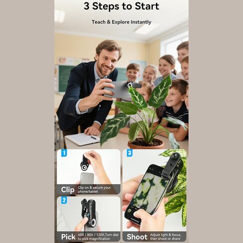 Phone Microscope Lens, 40X-120X Zoom with CRI 92+ LED Light & Universal Clip, 365nm Lamp, Rechargeable for Science Jewelry Skin and Fabric Analysis in Kuwait