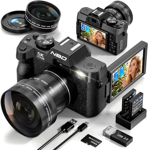 5K Digital Cameras for Photography 64MP - 16X Zoom, WiFi, with 64GB TF Card, Macro Lens & Wide-Angle, Autofocus & Anti-Shake, Vlogging Camera for YouTube Travel (Black) in Kuwait
