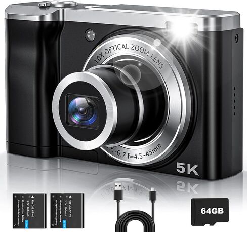 CAMKORY 5K Vlogging Camera 56MP Digital Camera 10x Optical Zoom | Autofocus, 30fps CMOS Sensor, Touchscreen, Front and Rear Selfie Vlogging Camera with 64GB Card & Two Batteries in Kuwait