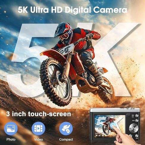 CAMKORY 5K Vlogging Camera 56MP Digital Camera 10x Optical Zoom | Autofocus, 30fps CMOS Sensor, Touchscreen, Front and Rear Selfie Vlogging Camera with 64GB Card & Two Batteries in Kuwait