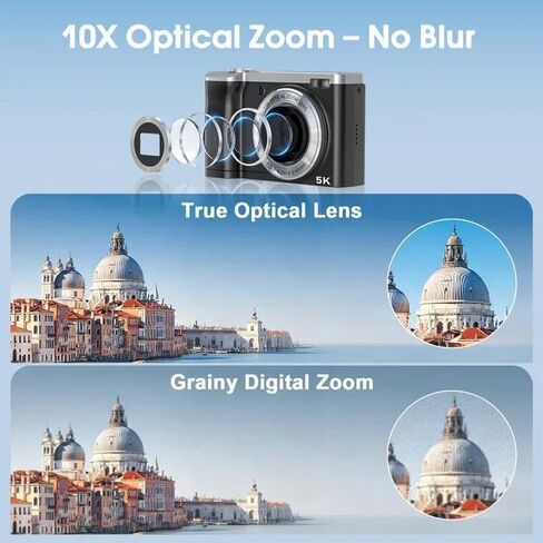 CAMKORY 5K Vlogging Camera 56MP Digital Camera 10x Optical Zoom | Autofocus, 30fps CMOS Sensor, Touchscreen, Front and Rear Selfie Vlogging Camera with 64GB Card & Two Batteries in Kuwait