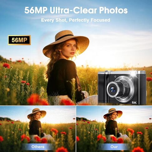 CAMKORY 5K Vlogging Camera 56MP Digital Camera 10x Optical Zoom | Autofocus, 30fps CMOS Sensor, Touchscreen, Front and Rear Selfie Vlogging Camera with 64GB Card & Two Batteries in Kuwait