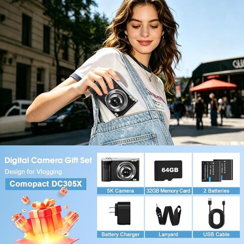 CAMKORY 5K Vlogging Camera 56MP Digital Camera 10x Optical Zoom | Autofocus, 30fps CMOS Sensor, Touchscreen, Front and Rear Selfie Vlogging Camera with 64GB Card & Two Batteries in Kuwait