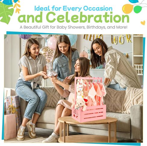 Wooden Baby Shower Crate Closet – with Handle, Smooth Surface & Round Edges – Textured Natural Wood - New Born Welcome Gift Hamper for Boys & Girls - Pregnancy Gifts for New Parents (Baby Pink) in Kuwait