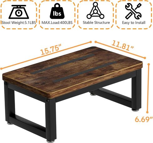 Wooden Step Stools with Anti Slip Pat for Adult, Heavy Duty Bedside Foot Stools with 400-LBS Capacity for High Beds, 7" Tall Bed Steps for Bedroom Kitchen Bathroom, Rustic Brown in Kuwait