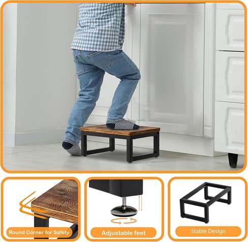 Wooden Step Stools with Anti Slip Pat for Adult, Heavy Duty Bedside Foot Stools with 400-LBS Capacity for High Beds, 7" Tall Bed Steps for Bedroom Kitchen Bathroom, Rustic Brown in Kuwait