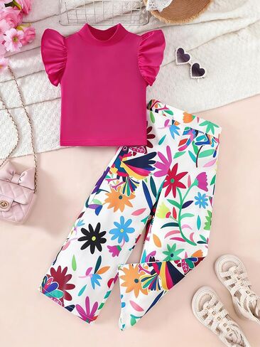 Toddler Girls Summer Outfits Ruffle Sleeve Top and Floral Wide Leg Pants 2 Piece Set 4-7T in Kuwait