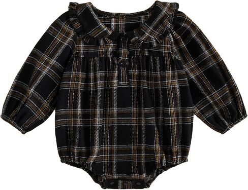 Newborn Baby Girl Fall Outfit Long Sleeve Plaid Romper Thanksgiving Clothes | peter pan collar, ruffle trim, button closure, contrast color plaid print, soft material in Kuwait