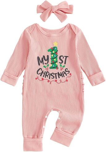 My 1st Christmas Baby Girl Outfit Letter Print Ribbed Long Sleeve Romper Jumpsuit Newborn Fall Winter Clothes Headband in Kuwait
