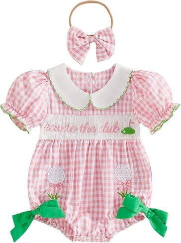Newborn Baby Girl Golf Outfit Smocked Bubble Romper Plaid Short Sleeve Peter Pan Collar Bodysuit with Headband in Kuwait