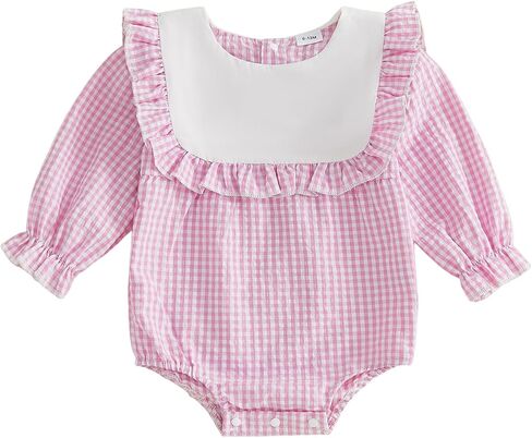 Newborn Baby Girl Fall Outfit Plaid Bubble Romper Ruffle Trim Long Sleeve Bodysuit Jumpsuit Cute Infant Clothes in Kuwait