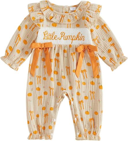 Rtnnsbbfcm Newborn Baby Girl Halloween Outfit Bow Pumpkin Romper Jumpsuit | Halloween Baby Girl Clothes Ruffle Long Sleeve Romper Cotton Linen Pumpkin Jumpsuit Overalls with Bow Cute Outfits in Kuwait