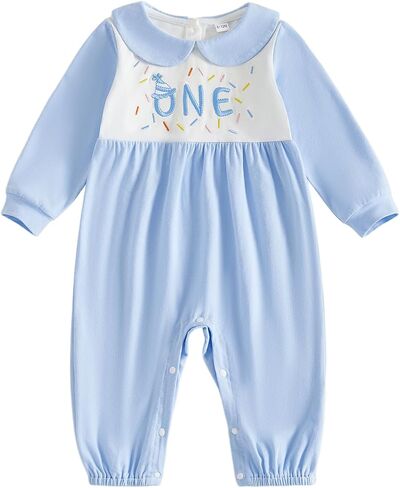 Toddler Baby Girl Boy Birthday Outfit One Embroidery Jumpsuit | First Birthday Outfit Girl Boy, Long Sleeve Peter Pan Collar Romper, Back & Crotch Snaps, 1st Birthday Cake Smash Outfit. in Kuwait