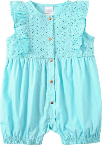 Jimonda Baby Girl Romper Eyelet Ruffle Cotton Outfit | Soft cotton eyelet fabric，Front button，Elastic cuffed short leg openings floral eyelet embroidery,0-24 months，Skin-friendly in Kuwait