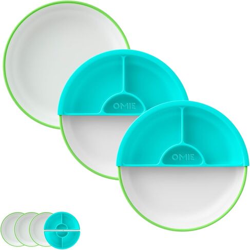 Omie Easy Scoop Toddler Plates, 3 Plates + 2 Dividers, Green in Kuwait