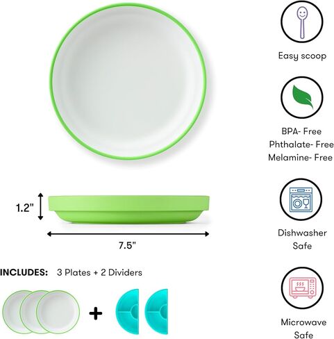 Omie Easy Scoop Toddler Plates, 3 Plates + 2 Dividers, Green in Kuwait