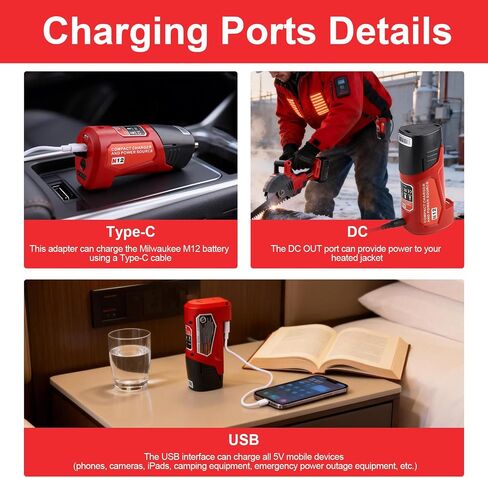 Powilling 12V Power Source Adapter for N12 Battery Charger, with USB & Type-C Fast Charging, Compatible with Mil-Waukee Heated Jacket 45-59-1201 in Kuwait