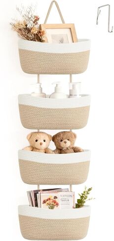 Dahey Over The Door Hanging Basket Storage 4-Tier Woven Wall Basket, Jute | Space-Saving, Hook Fits 1.77" Door, Widely Boho Nursery Organizer for Bathroom Bedroom Dorm Decor, Detachable Adjustable Rope in Kuwait