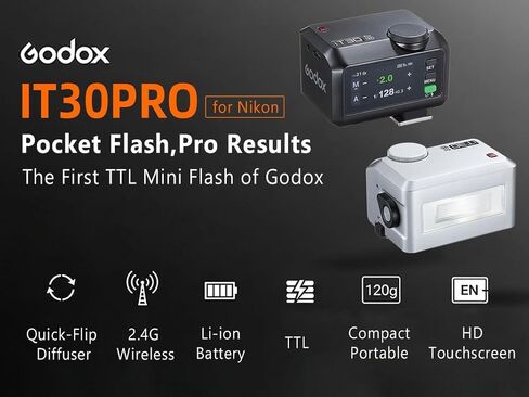 Godox iT30 pro N TTL Mini Flash - GODOX iT30Pro N for Nikon - GoDOx IT30 Pro for Nikon GodOX TTL Flash, Wireless Master & Receiver, HSS 1/8000 Second, 2.4G Wireless, GodOX Flash Silver in Kuwait