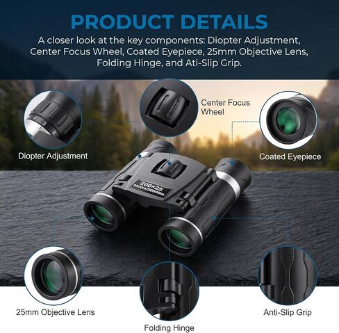 200x25 Compact Binoculars for All Ages – High-Powered Mini HD Optics | Waterproof, fog-proof, durable rubber, for bird watching, hunting, travel, concerts, sightseeing, camping, hiking, outdoor in Kuwait