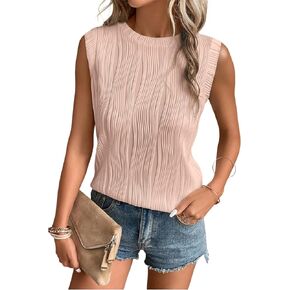 EVALESS Womens Summer Tank Tops Crewneck Sleeveless Wavy Textured Basic Top T Shirts Tee Blouses