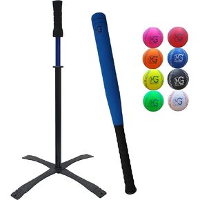 Macro Giant 27 Inch T Ball, Tee Ball, T-Ball Set, 1 Blue Bat, 8 PU Foam Baseballs, Assorted Colors, Training, Youth Batting Trainer Beginner, School Playground, Kid Gift,Indoor