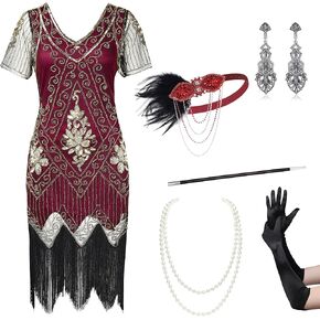 BABEYOND Great Gatsby Dresses Set for Women Plus Size Cocktail Dress 1920s Flapper Costume Set for Women