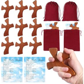 Beeveer 10 Sets Wood Hand Cross with Card and Gift Bag Easter Gifts Christian Holy Handheld Cross Gift Set for Easter Gifts Favor Praying Gift
